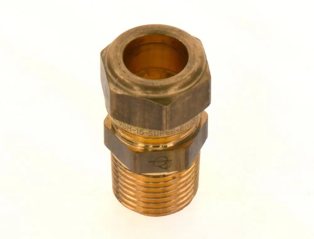 Anschlussverbindung von Bosch mit männlichem und weiblichem Gewinde, aus Metall gefertigt, zur Verschraubung in Rohrinstallationen.